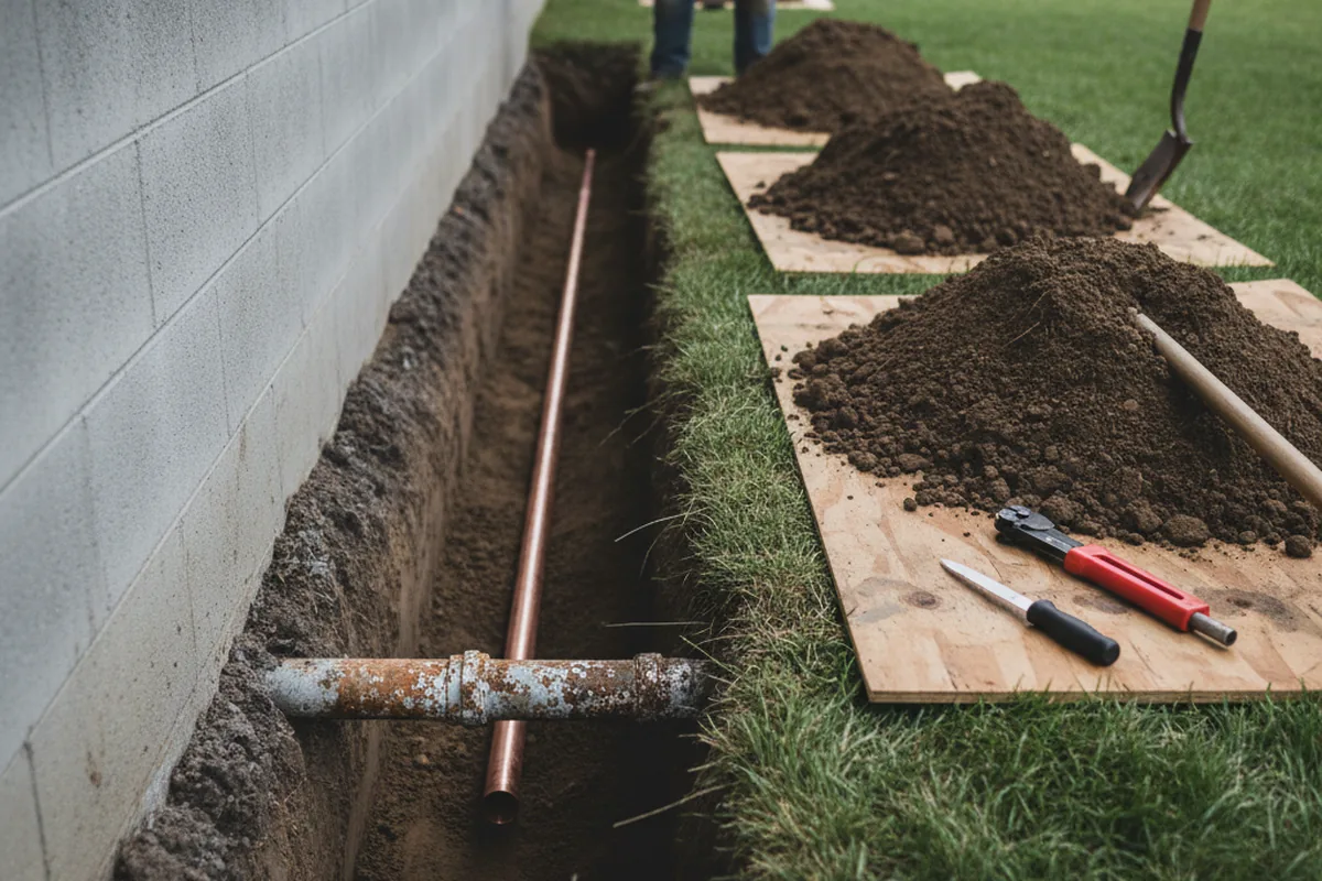Excavated water line trench during Water Heater Repair in West Warren